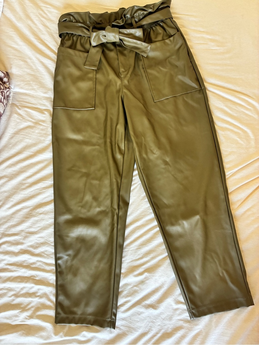 Olive Green Faux Leather Paperbag Waist Pants